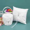 7 * 7 inches White Satin Rhinestone Decorated Ring Bearer Pillow and Wedding Flower Girl Basket Set