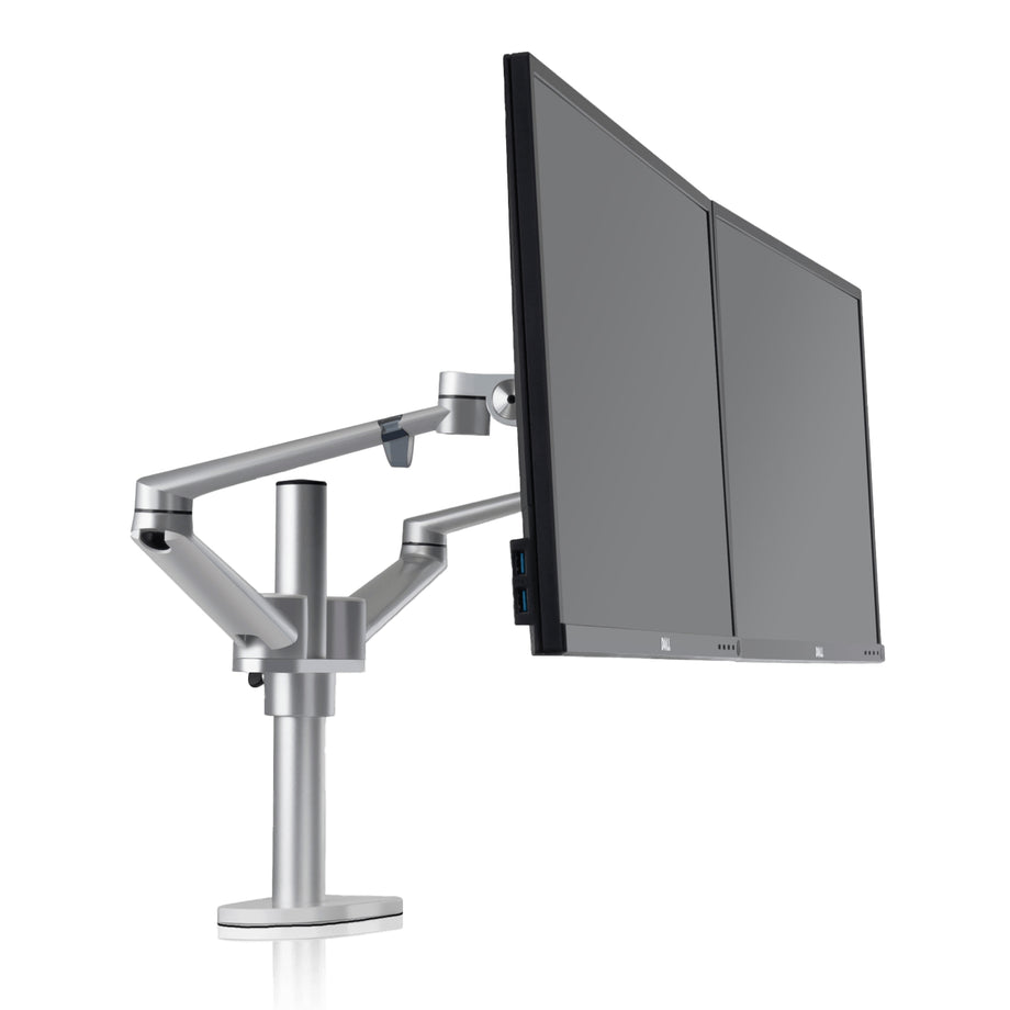 OL 2 - Full Motion Dual Monitor Desk Mount Stand - Silver